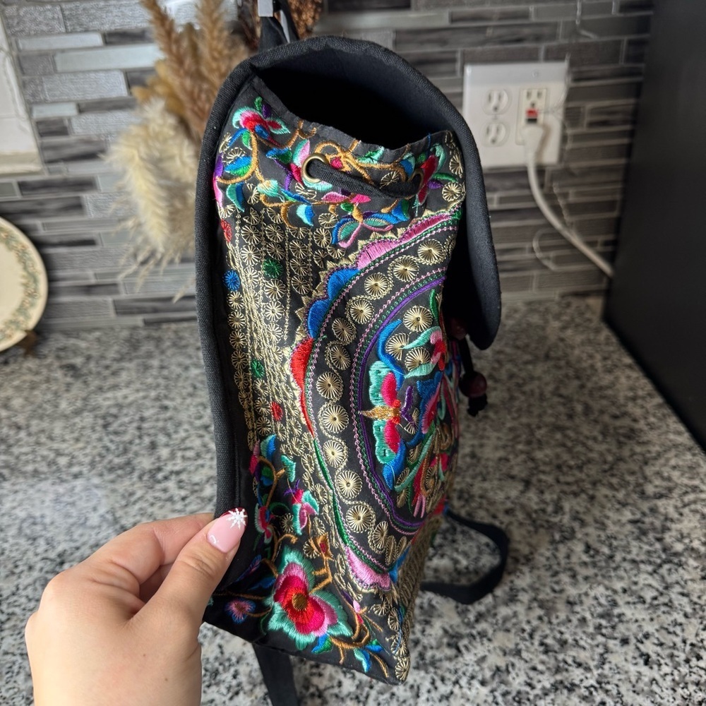 Women's Vintage Unique Cute Canvas Backpack Purse with Floral Embroidery - Picture 5 of 13